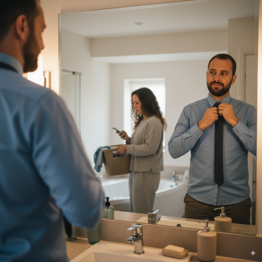 Man looking in mirror getting ready while woman walks past in background, completely ignoring him