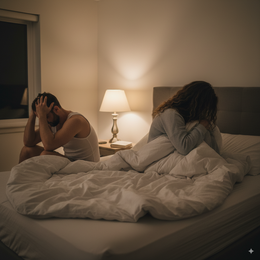 Woman in bed turning away from man, pulling covers up, clear body language of avoidance