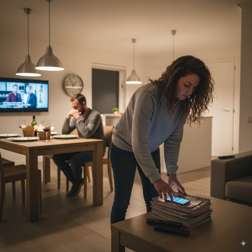 Woman busily organizing things or looking at her phone while man sits alone at dinner table in background