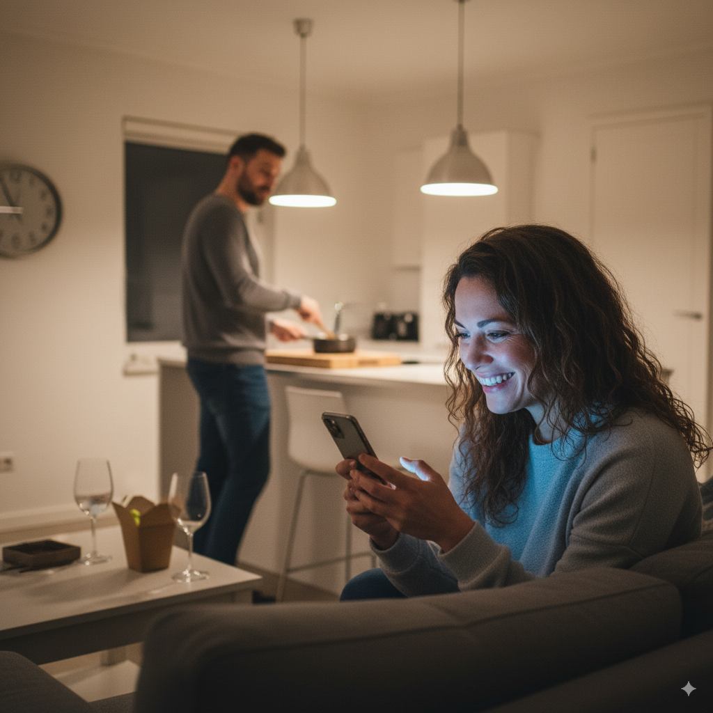 Woman looking dreamily at her phone or showing excited expression while looking at social media couples