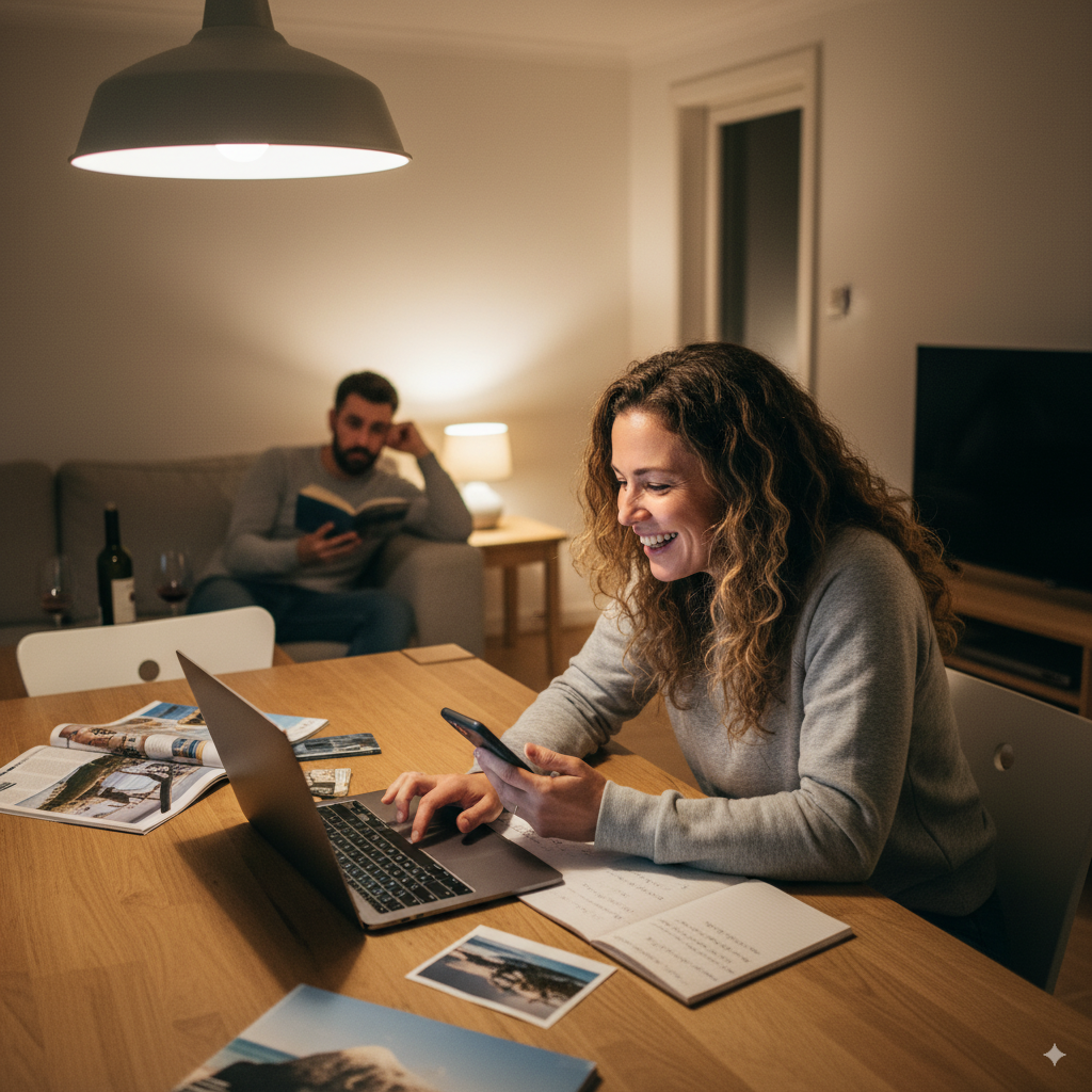 Woman excitedly planning something on laptop or phone while man sits in background looking confused or left out